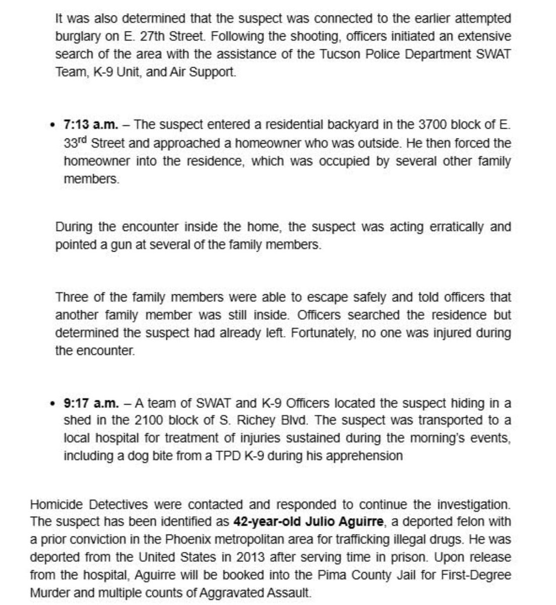 Another senseless crime by a previously deported illegal alien! This time in Tucson Arizona, this past Monday. The suspect has been identified as 42-year-old Julio Aguirre, a deported felon with a prior conviction for trafficking illegal drugs. TPD says he was deported from the
