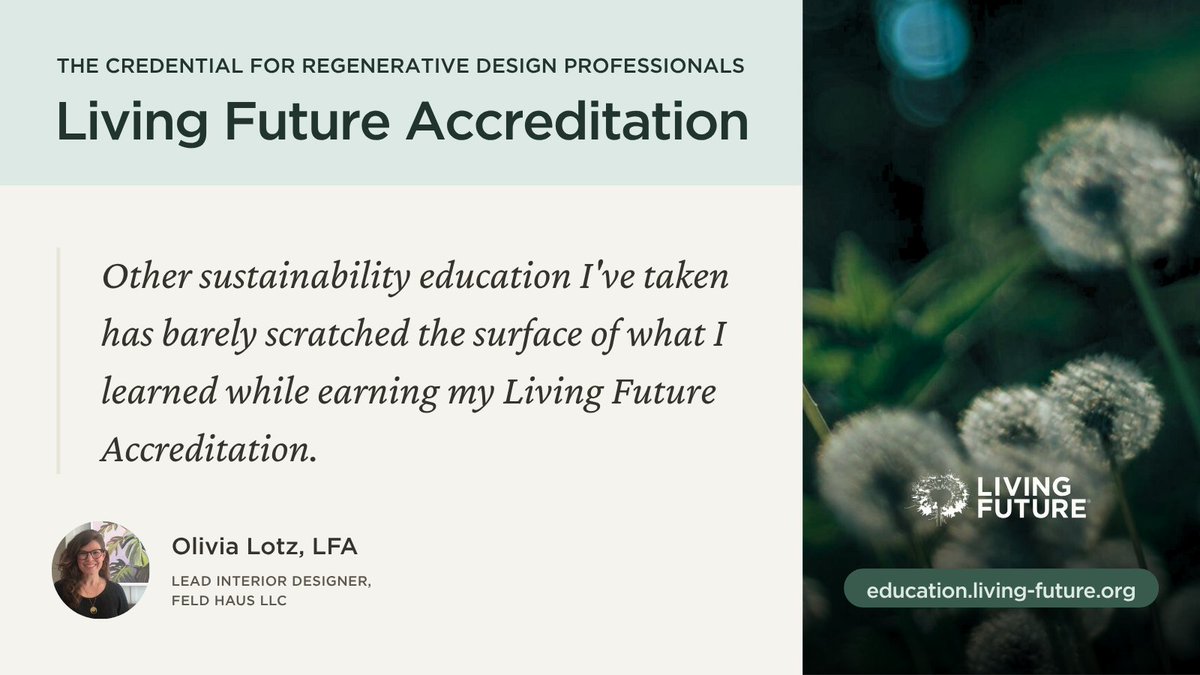 Transform how you design &amp; build with #LivingFuture Accreditation. Gain practical tools in #RegenerativeDesign, equity, &amp; #HealthyMaterials. Ready to lead with purpose? Explore the syllabus: bit.ly/4kqBAMl
#ClimateEducation #ContinuingEducation #SustainableArchitecture