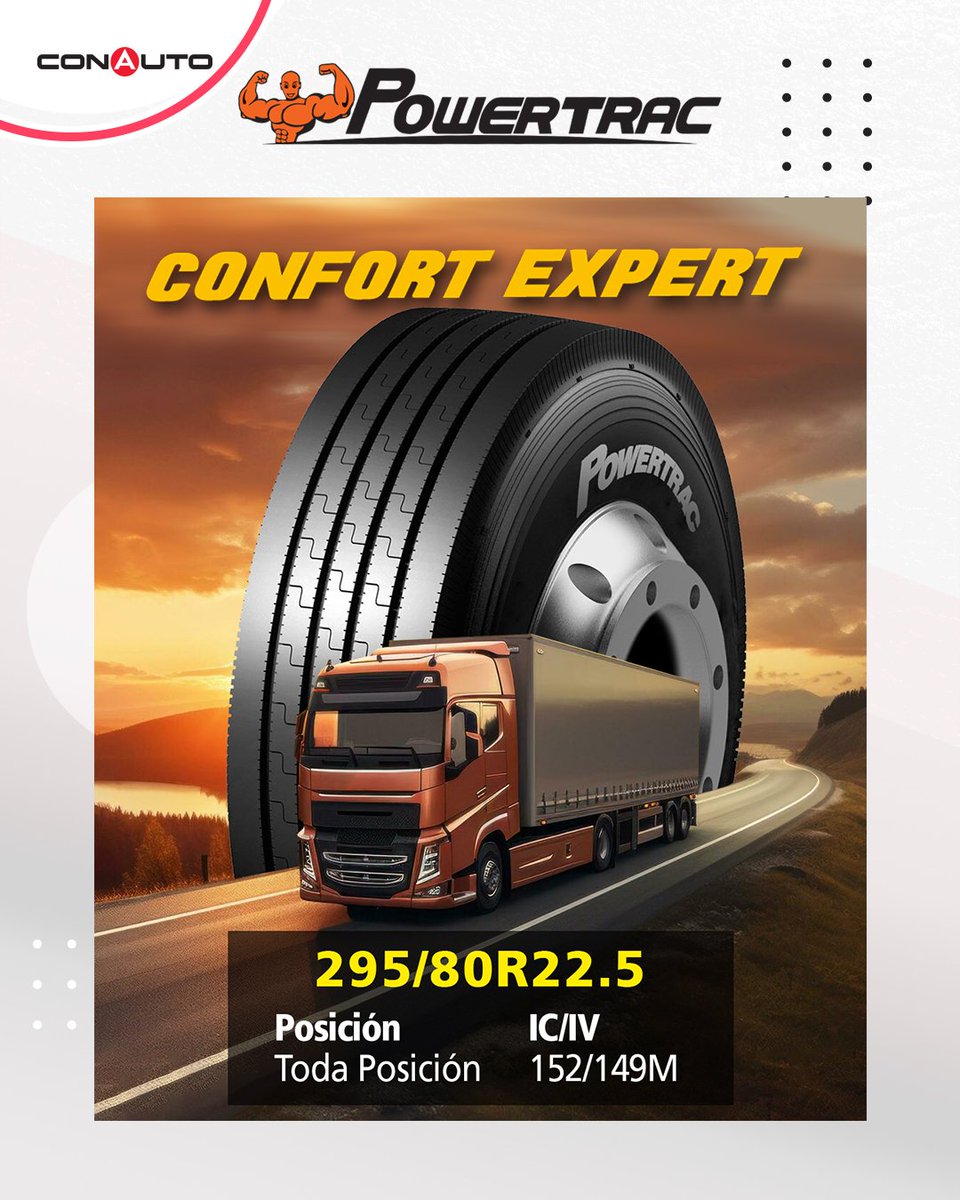 ✨ ¡Poder. Confort. Confianza. ✨
🚛 Powertrac Confort Expert 295/80R22.5

✅ Duraderas hasta el último kilómetro
✅ Tracción que se siente
✅ Comodidad en cada curva

💪 Hechas para rutas exigentes, pensadas para ti.
🌍 ¡Recorre más, rinde mejor!

#Conauto #ConfortExpert