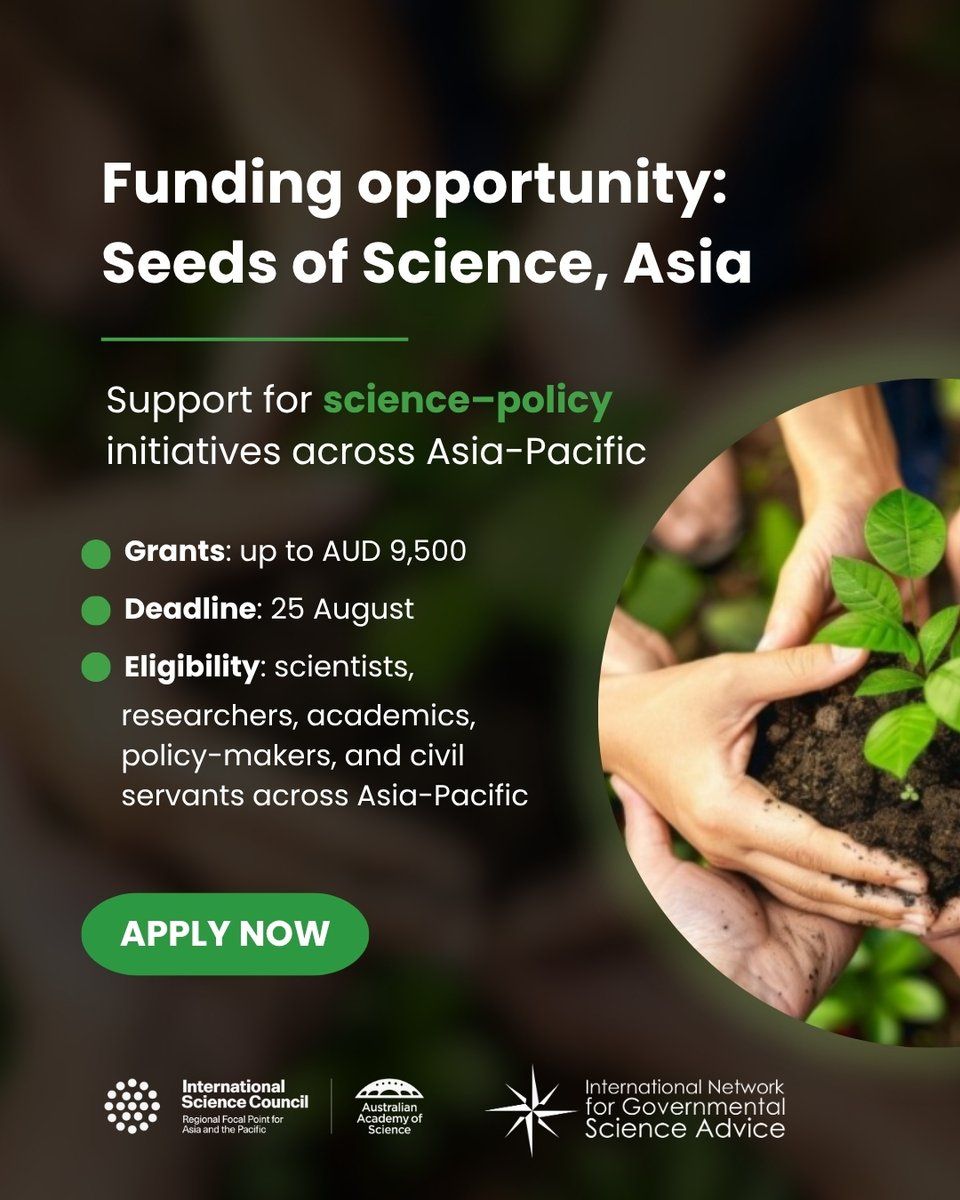 INGSA | @ingsa.bsky.social (@ingsciadvice) on Twitter photo The <a href="/INGSA_Asia/">INGSA-Asia</a> Grassroots Workshop programme is now #SeedsOfScienceAsia, supported by <a href="/ISCAsiaPacific/">ISC Asia-Pacific | @iscasiapacific.bsky.social</a>!! And applications are now open for up to AUD9,500 for workshops at the science/policy interface.
Deadline: 25th August - get the information now: buff.ly/zV3RZpQ The <a href="/INGSA_Asia/">INGSA-Asia</a> Grassroots Workshop programme is now #SeedsOfScienceAsia, supported by <a href="/ISCAsiaPacific/">ISC Asia-Pacific | @iscasiapacific.bsky.social</a>!! And applications are now open for up to AUD9,500 for workshops at the science/policy interface.
Deadline: 25th August - get the information now: buff.ly/zV3RZpQ