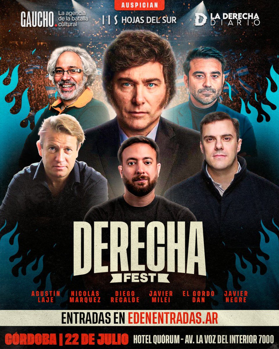 FALTAN 20 DÍAS

22 de julio, Viva la Derecha Fest en Córdoba.

Con la participación especial del mejor presidente de la historia <a href="/JMilei/">Javier Milei</a> 

Oradores <a href="/AgustinLaje/">Agustín Laje</a> <a href="/NickyMarquez1/">Nicolás Márquez</a> <a href="/DiegoJRecalde/">Diego Recalde</a> <a href="/GordoDan_/">DAN</a> <a href="/javiernegre10/">Javier Negre</a>

Entradas: edenentradas.ar/list/Derecha%2…