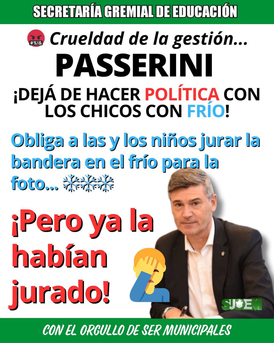 JonathanSoria95's tweet photo. “EL INTENDENTE OBLIGA A PROMETER PATRIA MIENTRAS DESPRECIA A QUIENES LA ENSEÑAN”
#PasseriniCruel https://t.co/QpkxejbGSx