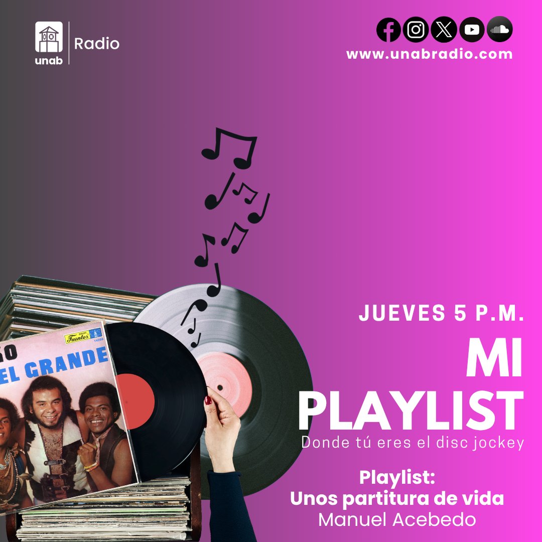 🎶 Este jueves a las 5:00 p.m., en Mi Playlist, abrimos el baúl musical de un melómano inesperado…
👨‍🏫 El invitado es el profesor Manuel Acebedo, docente de la UNAB y melómano de clóset
📍 Escúchalo en UnabRadio.com y en YouTube Unab Radio
¡Este jueves a las 5 p.m!