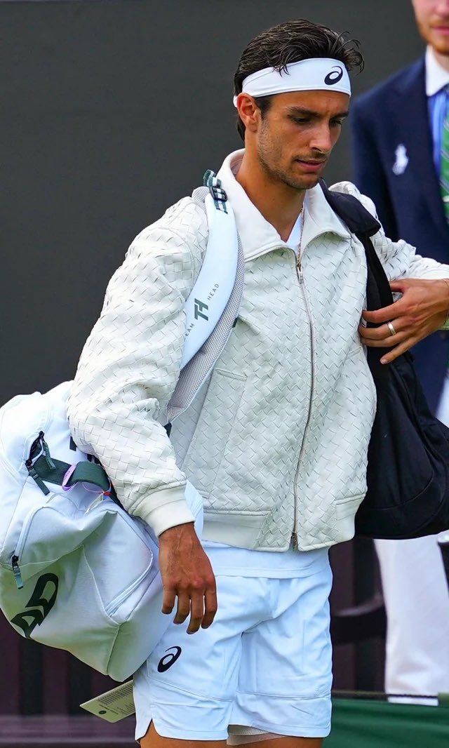 churchofysl's tweet image. a hot new bombshell as entered the villa: lorenzo musetti stepped out onto court 2 at wimbledon wearing the bottega veneta lamb skin weave jacket. the italian was announced as a new brand ambassador yesterday.