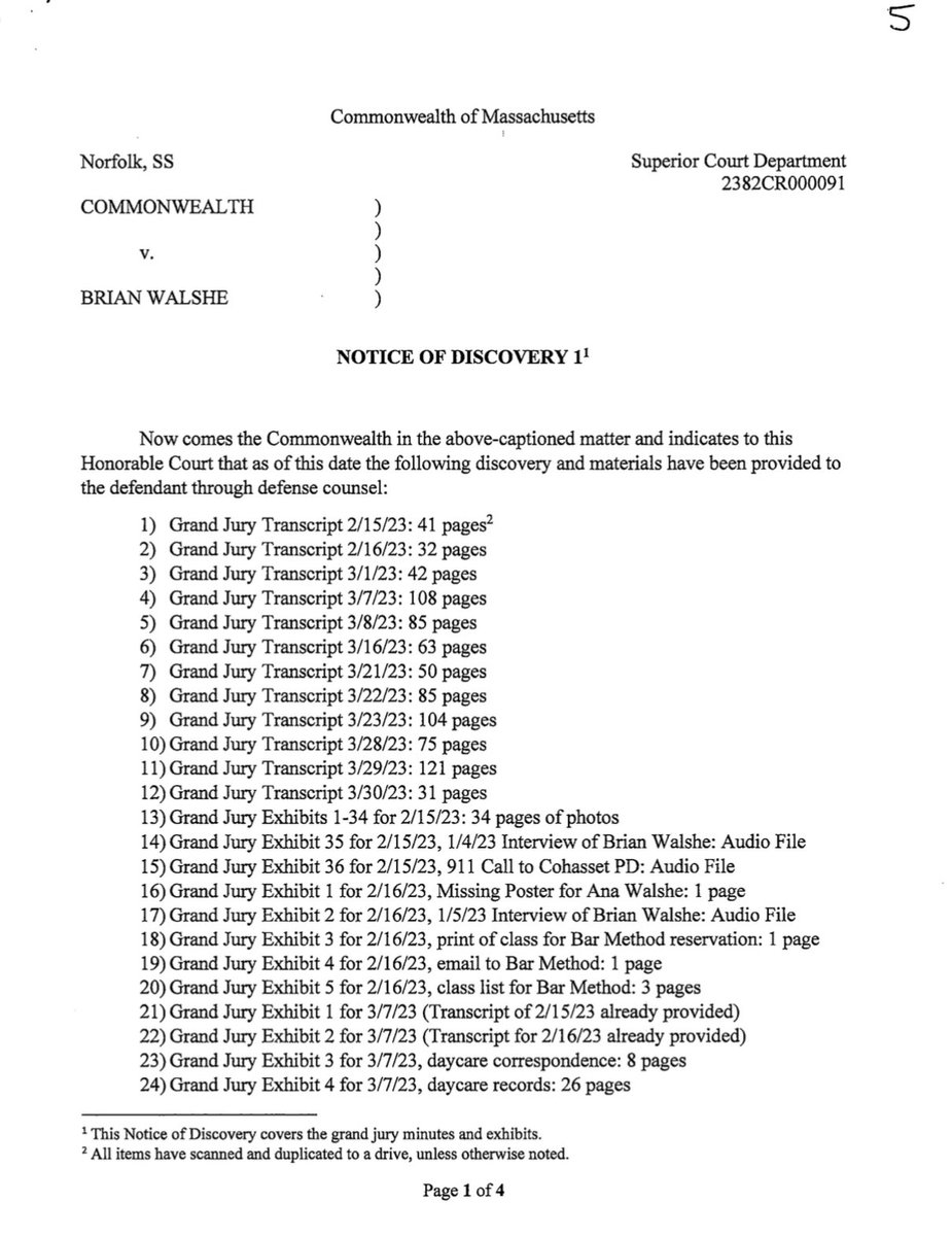 OliviaLambo_'s tweet image. Brian Walshe’s First Notice of Discovery dated April 27, 2023.
FUN FACTS:
- Walshe was indicted within nearly 2 months
- This was turned over to the defense within nearly 3 months
- Investigators never recovered Ana Walshe’s body
- Karen Read wasn’t indicted for over 4 months…