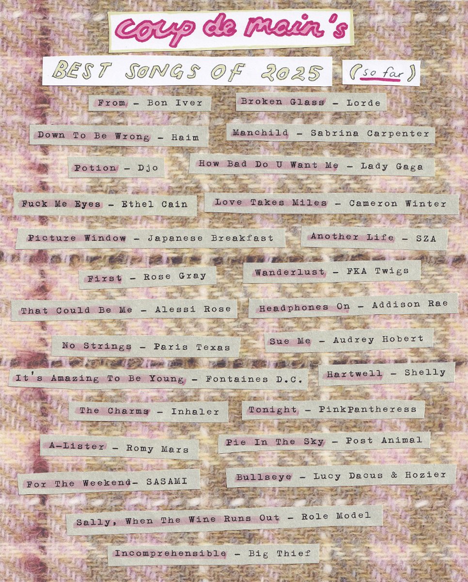 🥇 the best songs of 2025 (so far) 🏆
if you agree, you have superior taste in music 💁‍♀️
spotify playlist ▶️ open.spotify.com/playlist/59mru…
apple music ▶️ music.apple.com/nz/playlist/%E…
🎧💕