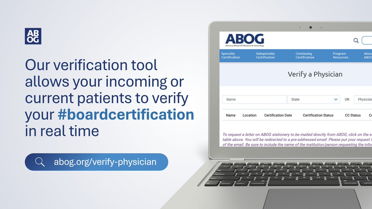 Do you know about our Verify a Physician tool? It allows your patients, institutions, and the general public to verify your ABOG #boardcertification in real time. Visit now: abog.org/verify-physici…