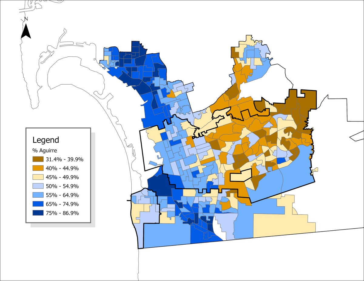 In the San Diego County Supervisorial District 1 race, Paloma Aguirre won clear vote majorities in the City of San Diego, National City, and western Chula Vista. John McCann won precincts in eastern Chula Vista and unincorporated communities. I outlined Chula Vista &amp; IB. #sdvote