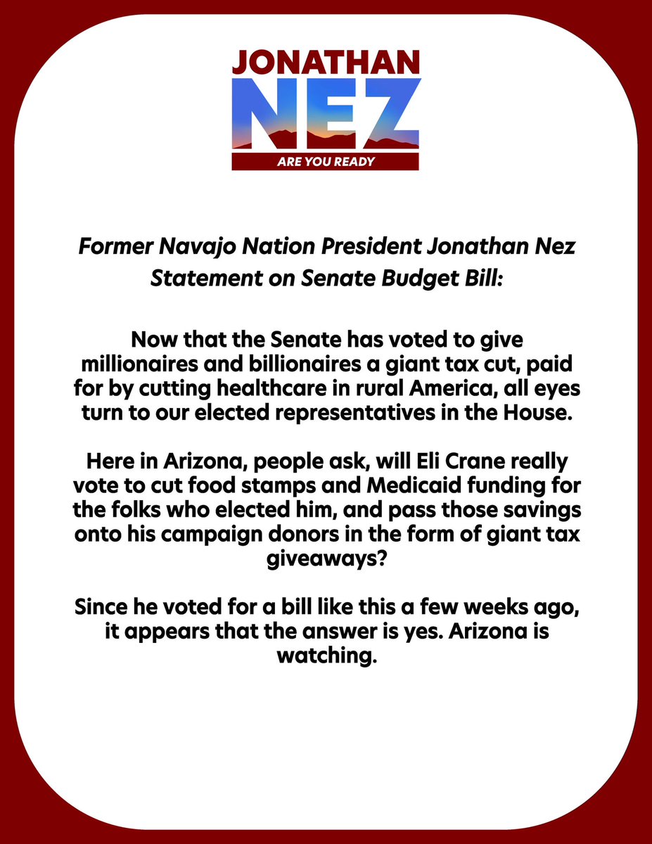FormerPrezNez's tweet image. Our elected leaders should be serving us, the people, not their billionaire friends. Read my statement on the senate budget bill.