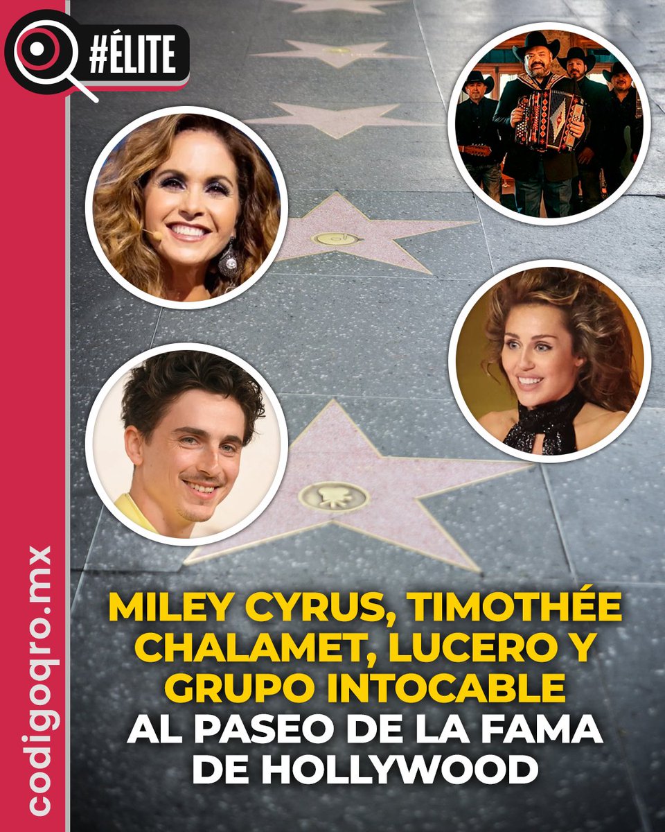 #Élite 🌟 En 2026, #MileyCyrus, #TimothéeChalamet, la cantante #Lucero y el grupo #Intocable, entre otros artistas, tendrán sus estrellas en el #PaseoDeLaFama de #Hollywood

codigoqro.mx/nota/codigo-el…

#CódigoQro #Periódico #Música #Cine #Deportes #Televisión #Teatro #HallOfFame