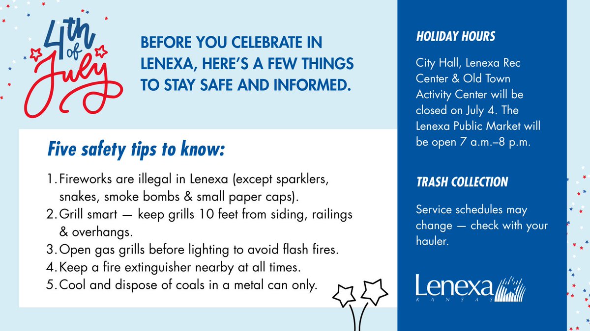 Celebrating the Fourth of July in Lenexa? Stay safe &amp; informed. 

1) Fireworks are illegal (except sparklers, snakes, smoke bombs, paper caps)
2) Grill 10 ft from structures
3) Open gas grills before lighting
4) Keep extinguisher nearby
5) Cool down coals &amp; dispose in metal cans
