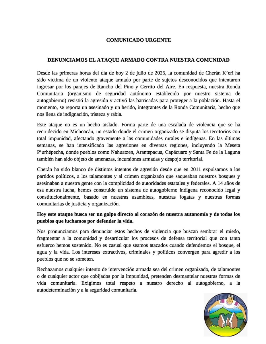 saboteamos's tweet photo. ALERTA URGENTE🚨🚨🚨
Comunidad indígena autónoma de Cherán, Michoacán, denuncia ataque armado en su contra; un compa fue asesinado y otro se encuentra herido. https://t.co/ZLACIPYneu