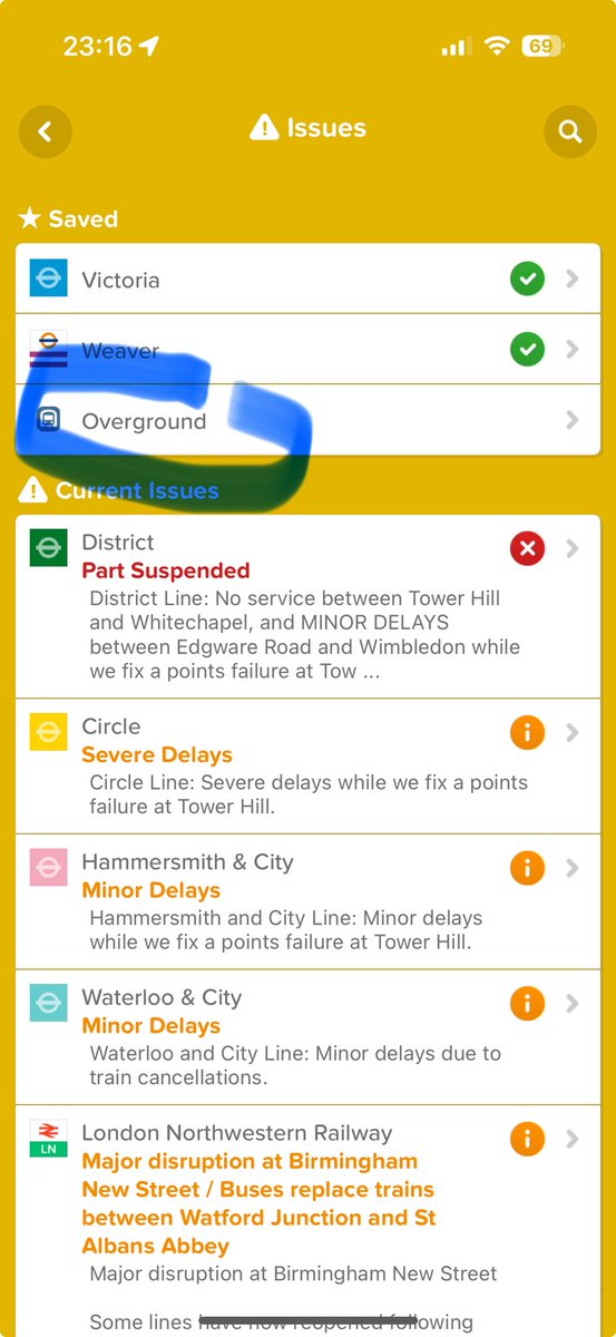 stuartrmoore's tweet photo. @Citymapper Since the renaming of the London Overground lines I have the line I need saved but can’t get rid of the old, no longer working saved favourite called ‘overground’. How can this be removed - when selected it just gives an error and can’t be deleted. https://t.co/iTOxF9Rv9U