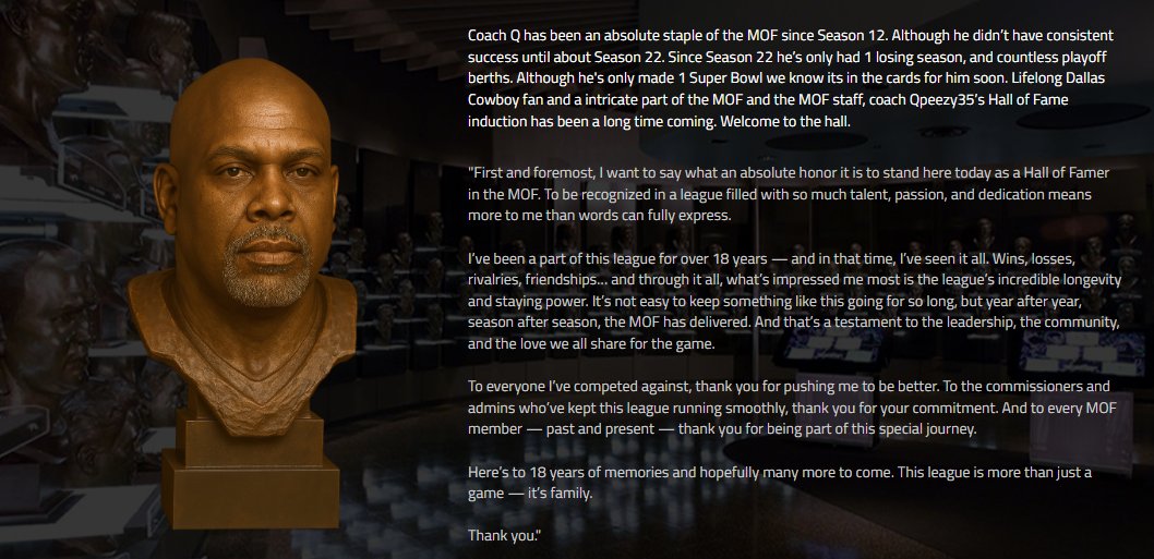 MOF Bleacher Report (@mof_bleacher) on Twitter photo We are proud to announce the updated versions of the MOF Hall of Fame pages!
- All new trophy images & speeches
- Updated standings
- Updated Coach Photos
- Attached a few screenshots! Enjoy!
mofleagues.com/history/hall/m…
<a href="/leaguecrawler/">leaguecrawler 🦎</a> <a href="/NeonSportz/">NeonSportz</a> <a href="/MOFLeagues/">MOF</a>
#MOF #Madden26 We are proud to announce the updated versions of the MOF Hall of Fame pages!
- All new trophy images & speeches
- Updated standings
- Updated Coach Photos
- Attached a few screenshots! Enjoy!
mofleagues.com/history/hall/m…
<a href="/leaguecrawler/">leaguecrawler 🦎</a> <a href="/NeonSportz/">NeonSportz</a> <a href="/MOFLeagues/">MOF</a>
#MOF #Madden26