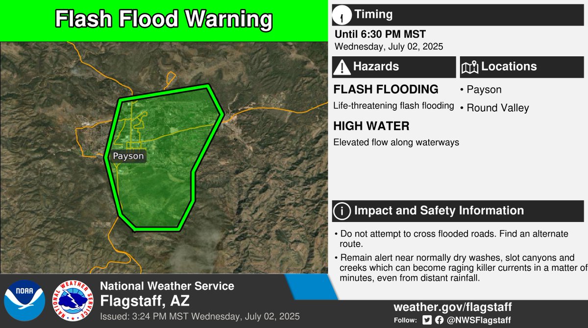 ⚠️ Flash Flood Warning ⚠️ in effect until 6:30 PM MST for areas around Payson.

This includes Payson and Round Valley. More info: weather.gov/fgz/wwa?wfo=KF…. #azwx
