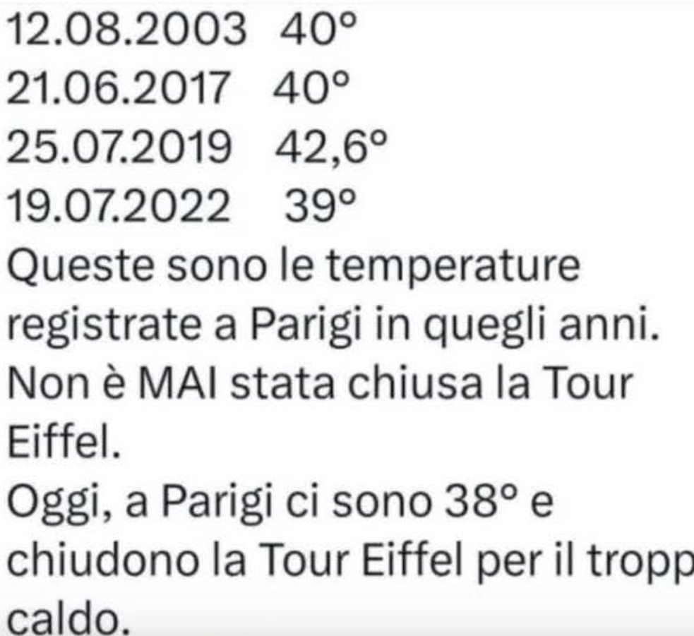 ___Anna22's tweet photo. Curiosità: 
nonostante le temperature registrate a Parigi nel 2003,
2017, 2019, 2022, la Tour Eiffel non fu mai chiusa perché ancora non erano arrivate le mazzette ai cani da guardia del sistema. https://t.co/Y4kL65mn5l