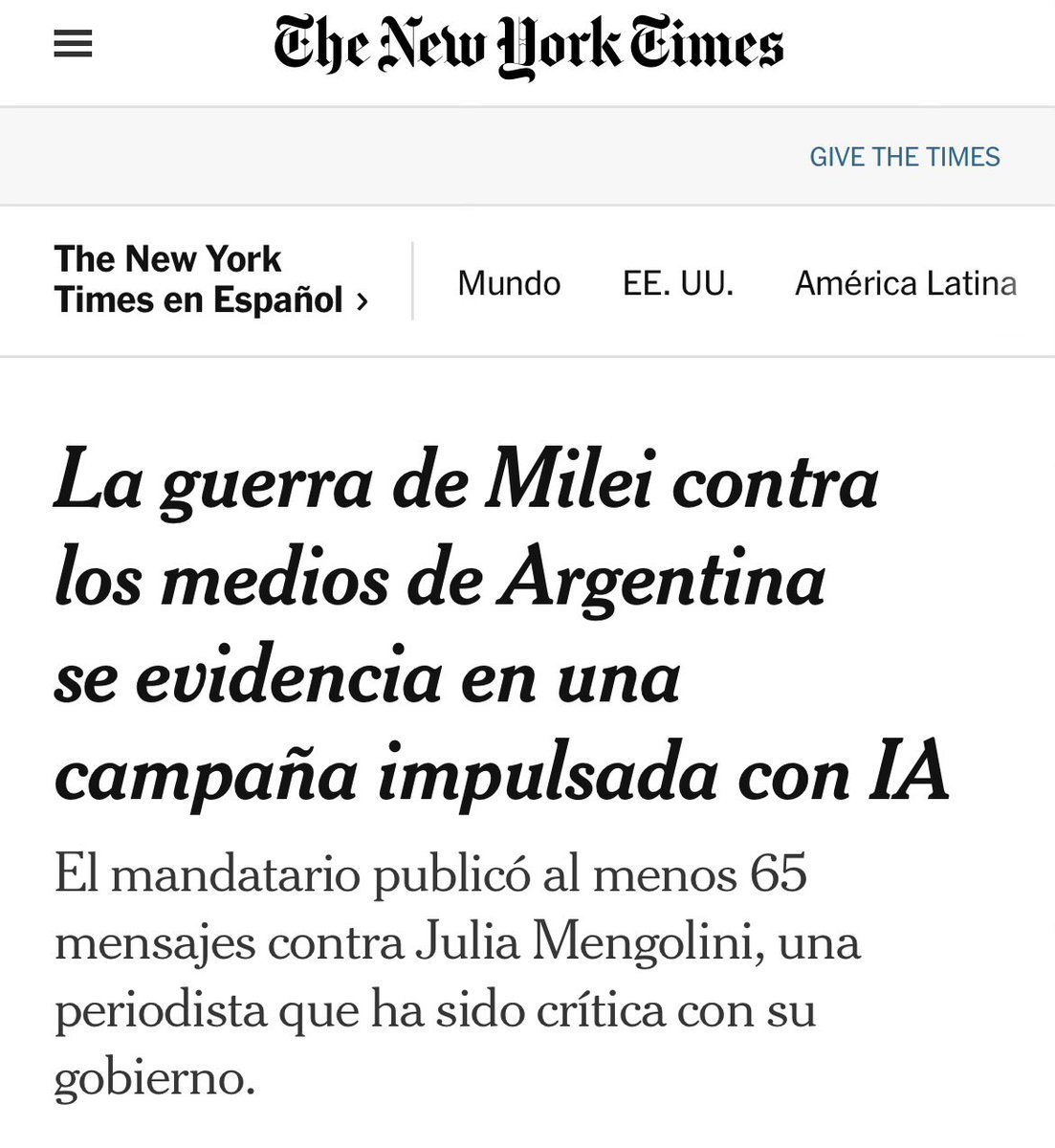 Milei es un personaje mundial, solo que en los peores términos. Para la prensa internacional es un desequilibrado, fascista y payaso.  nytimes.com/es/2025/07/02/…