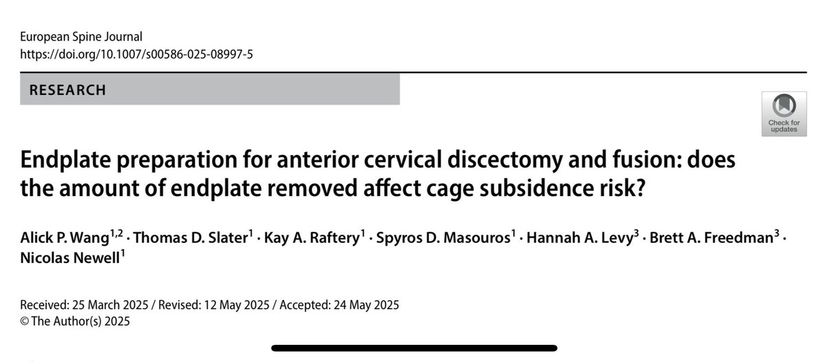 Congratulations to our recent graduate, Dr. Alick Wang for his recent publication,  “Endplate preparation for anterior cervical discectomy and fusion: does the amount of endplate removed affect cage subsidence risk?” as part of his MSc degree @ @Newell_SpineLab @ <a href="/ImperialBioeng/">Bioengineering</a>