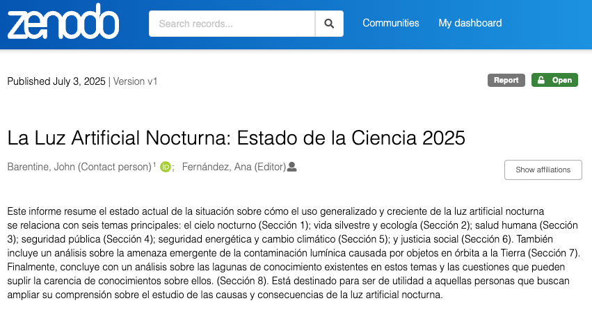 Me complace compartirles que el informe de <a href="/IDADarkSky/">DarkSky International</a> "La Luz Artificial Nocturna: Estado de la Ciencia 2025" ya está disponible en una traducción al español proporcionada por nuestra voluntaria, Ana Fernández Blanco.

El informe se puede descargar desde: doi.org/10.5281/zenodo…
