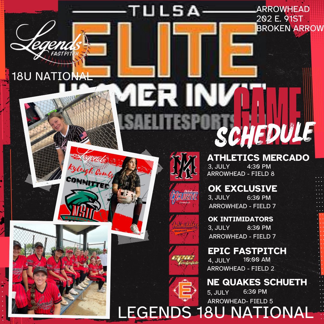 🧨Tulsa Elite Wilson Invite schedule!  Ready to hit the dirt in Broken Arrow with <a href="/Legends16uNat/">Legends FP 18u National</a>. Hope to see you there. <a href="/TulsaElite/">Tulsa Elite Sports</a> <a href="/NationsLance/">Lance Nations</a>