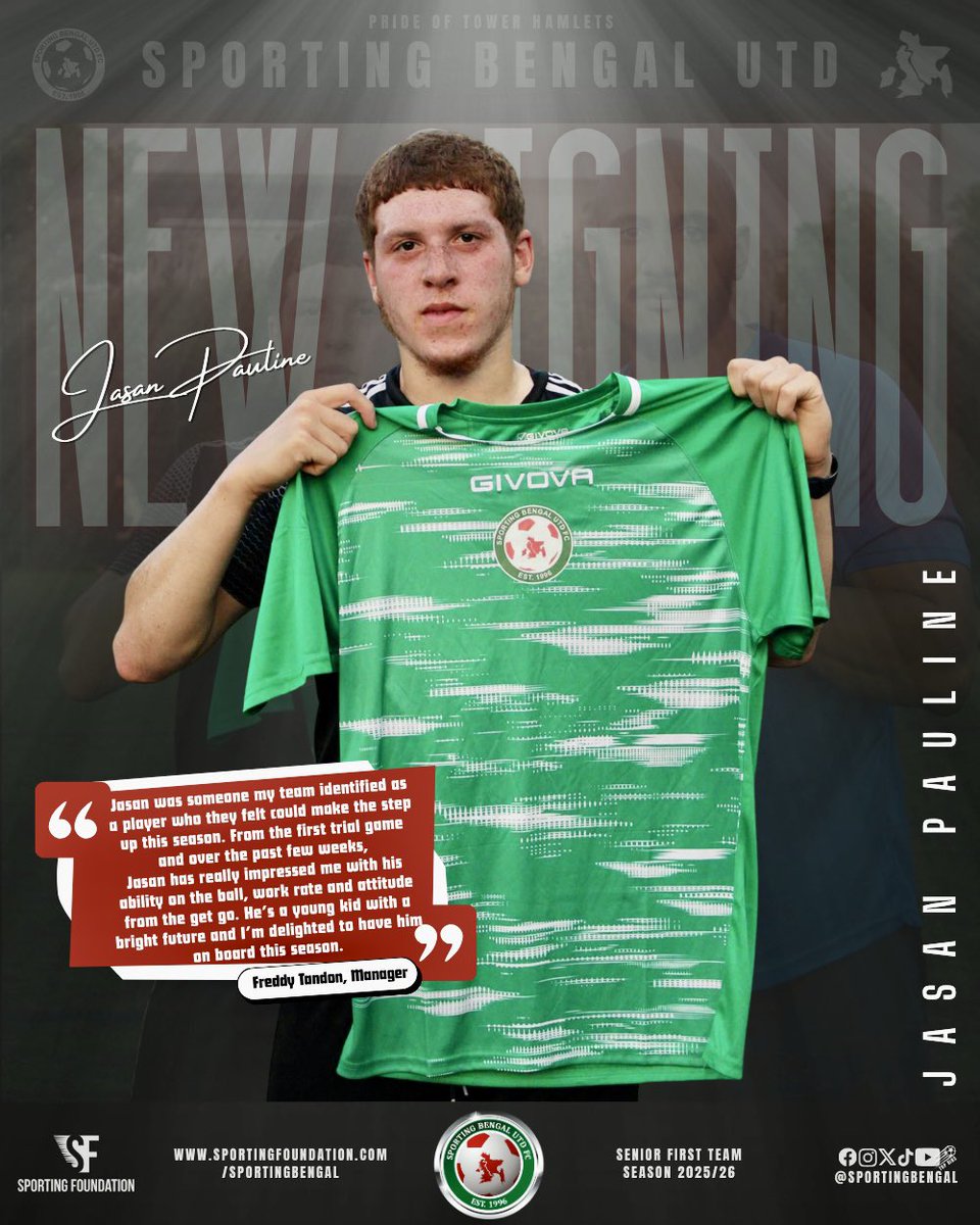 🚨 𝗡𝗘𝗪 𝗦𝗜𝗚𝗡𝗜𝗡𝗚 | Jasan

Delighted to announce the signing of an exciting young midfielder. 

Looking forward to seeing <a href="/JasanPauline_/">JP</a> on the ball this season in the Essex Senior!

🟢🔴