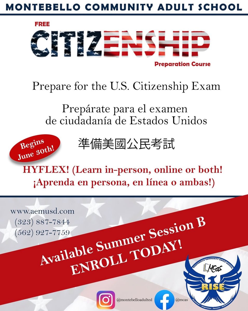 FREE CITIZENSHIP Preparation Class this Summer!
Join MCAS for Semester B. 
Join the MCAS Family Today!
323.887.7844
aemusd.com