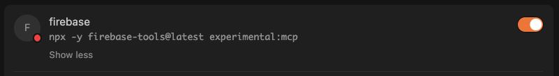 yushawrites's tweet image. Has anyone managed to get the Firebase MCP working in Cursor?
Changed my global mcp file and just get the red dot :(