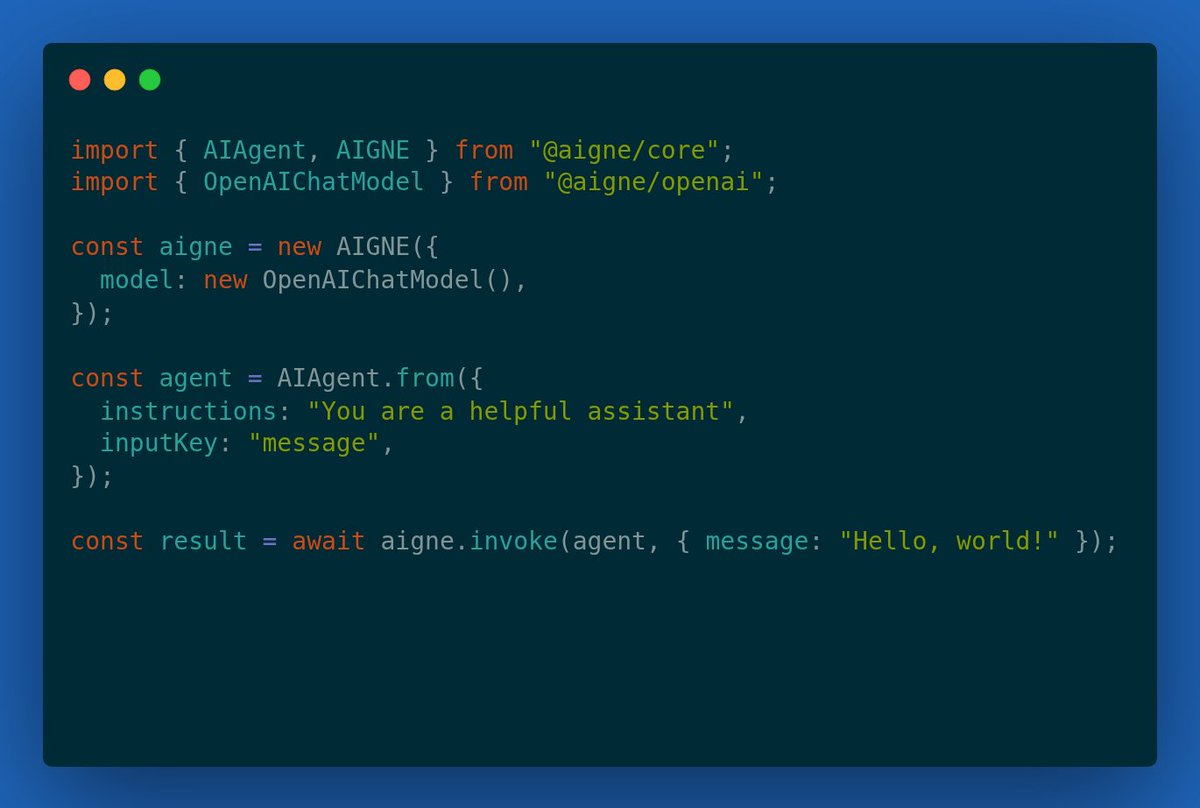 wangshijun2010's tweet image. 🚀 Getting started with AIGNE Framework is incredibly simple! Create your first AI agent in just 6 lines of code.
✨ Features:
- Multiple AI model support
- Simple API
- TypeScript ready
Perfect for beginners!
#AIGNE #ArcBlock #GettingStarted