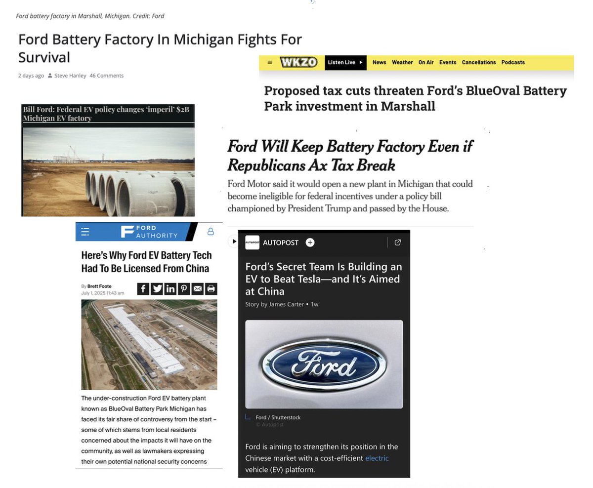MCESRG's tweet image. Headlines in recent days reveal how @Ford has rolled out contradictory and confusing messaging when it comes to the corrupted “deal” with China-based and Chinese Communist Party-tied @catl_official, concocted and championed by @GovWhitmer @MEDC @QuentinMesserJr @jimfarley98, et…