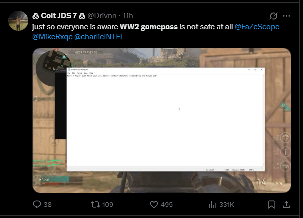 SPig3on's tweet photo. Apparently Cod WW2 was on gamepass, and now people have been saying hackers are on there, and you can now get RCEd if you plan to get Cod WW2 with gamepass and you plan on getting WW2, just don't. https://t.co/EGJaI5zFA0