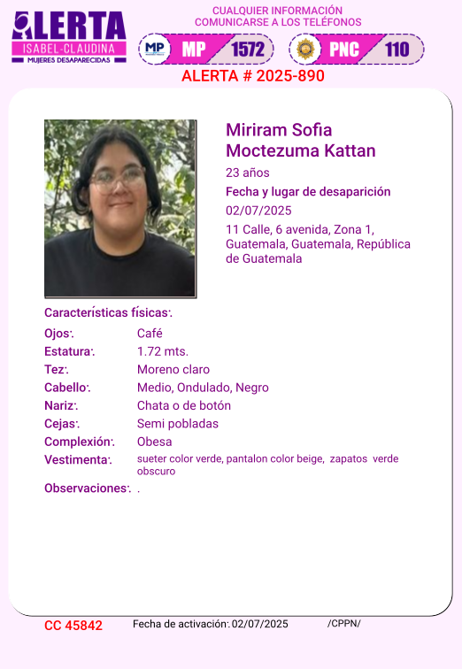 isabel_claudina's tweet photo. #AlertaIsabelClaudina
🚨 Ayúdenos a encontrar a
MIRIAM SOFIA MOCTEZUMA KATTAN
Desapareció el 02 de Julio de 2025
Cualquier información comunicarse al teléfono 📞 1572
Gracias por difundir esta información❗ https://t.co/Ao8oR7YMpI