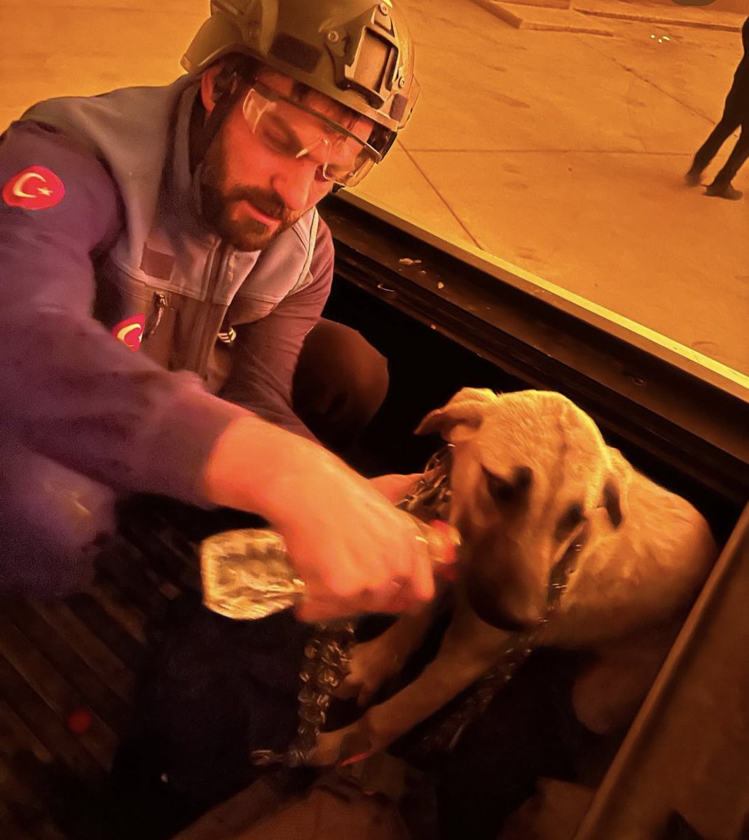 Alevlerin içinde korkan bir köpeğe su içirmeye çalışan koca yürekli adam . 
 #izmiryanıyor