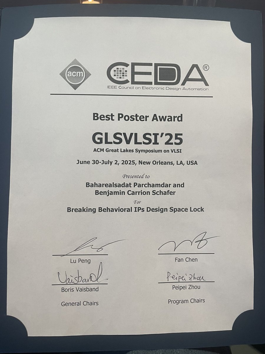 DARC_lab's tweet photo. Good news to share. We won the ACM GLSVLSI 2025 best poster award! https://t.co/I4ftjPjOei