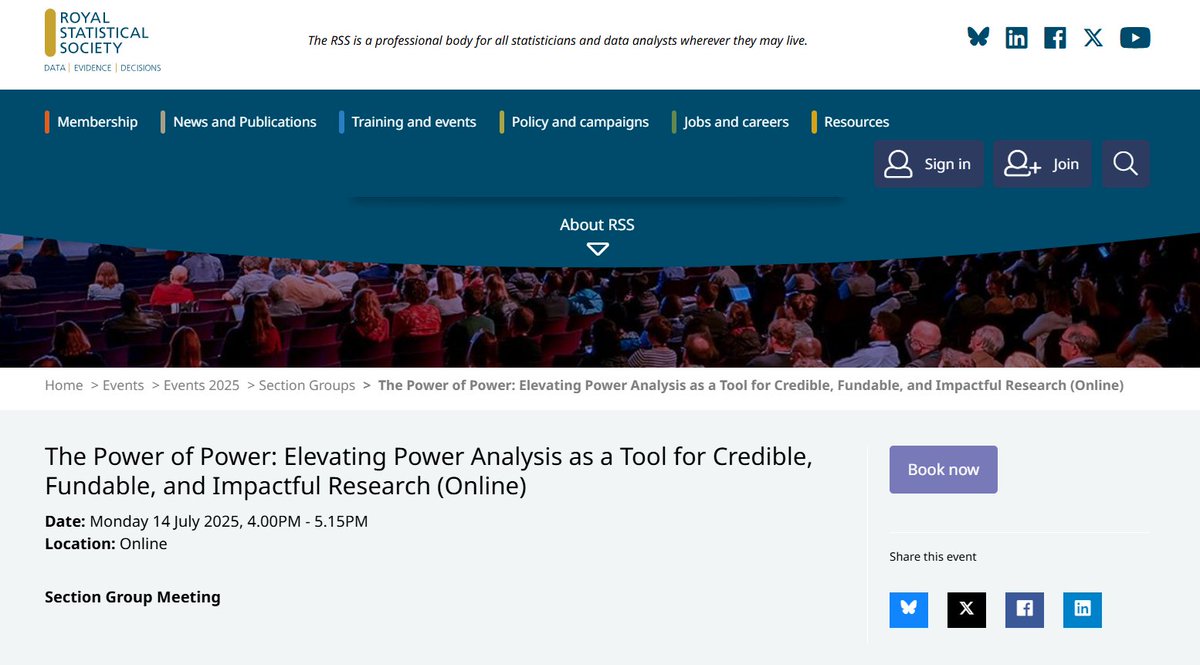 Emerging Apps (@eas_rss) on Twitter photo Register for the novel webinar of the <a href="/RoyalStatSoc/">Royal Statistical Society</a> Emerging Applications Section:
RSS - The Power of Power: Elevating Power Analysis as a Tool for Credible, Fundable, and Impactful Research (Online)
🗓️ Monday 14 July 2025 | 4:00–5:15 PM (UK)
📍 Online
rss.org.uk/training-event… Register for the novel webinar of the <a href="/RoyalStatSoc/">Royal Statistical Society</a> Emerging Applications Section:
RSS - The Power of Power: Elevating Power Analysis as a Tool for Credible, Fundable, and Impactful Research (Online)
🗓️ Monday 14 July 2025 | 4:00–5:15 PM (UK)
📍 Online
rss.org.uk/training-event…