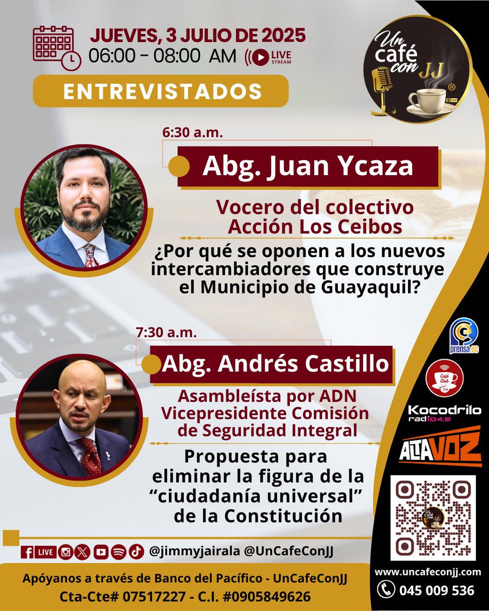 ✅LOS INVITADOS DEL JUEVES 3 DE JULIO EN <a href="/UnCafeConJJ/">Un Café con JJ</a> 
<a href="/Altavozecu/">Altavozecu</a> <a href="/CafeClub_Lat/">CafeClubTv</a> <a href="/PrensaEc1/">PrensaEc</a> <a href="/JuanSJairala/">Juan Sebastian Jairala</a>