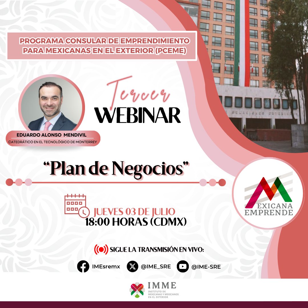 IMME (@ime_sre) on Twitter photo 📍 En el marco de la 6ª edición del #PCEME, llevaremos a cabo el 3er webinar “Plan de Negocios” 🚀📒 impartido por <a href="/AlonsoMendivil/">Eduardo Alonso Mendivil</a>, #Catedrático en el <a href="/TecdeMonterrey/">Tecnológico de Monterrey</a> 🇲🇽
🗓️ jueves 03 de julio de 2025
⏰18:00 horas CDMX
📲 Transmisión en vivo por redes del #IMME 📍 En el marco de la 6ª edición del #PCEME, llevaremos a cabo el 3er webinar “Plan de Negocios” 🚀📒 impartido por <a href="/AlonsoMendivil/">Eduardo Alonso Mendivil</a>, #Catedrático en el <a href="/TecdeMonterrey/">Tecnológico de Monterrey</a> 🇲🇽
🗓️ jueves 03 de julio de 2025
⏰18:00 horas CDMX
📲 Transmisión en vivo por redes del #IMME