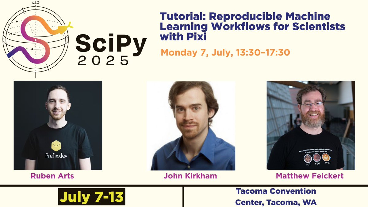 SciPyConf (@scipyconf) on Twitter photo 🙌 We’re excited to have <a href="/HEPfeickert/">Matthew Feickert</a>, John Kirkham, and <a href="/rarts_ruby/">Ruben Arts</a> teaching us "Reproducible Machine Learning Workflows for Scientists with pixi" at #SciPy2025!
🔥 Learn how to create fast, reliable, and reproducible ML environments using pixi, the next-gen package manager! 🙌 We’re excited to have <a href="/HEPfeickert/">Matthew Feickert</a>, John Kirkham, and <a href="/rarts_ruby/">Ruben Arts</a> teaching us "Reproducible Machine Learning Workflows for Scientists with pixi" at #SciPy2025!
🔥 Learn how to create fast, reliable, and reproducible ML environments using pixi, the next-gen package manager!