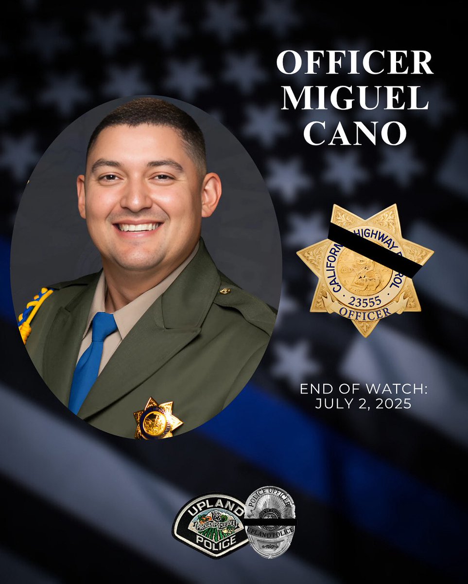 UplandPD's tweet image. On behalf of Chief Blanco and the men and women of Upland PD, we send our thoughts and prayers to the Cano and @CHP_HQ family.
Repost from CHP:
“It is with profound sorrow that the California Highway Patrol announces the line-of-duty death of Officer Miguel Cano, ID 23555.
In…