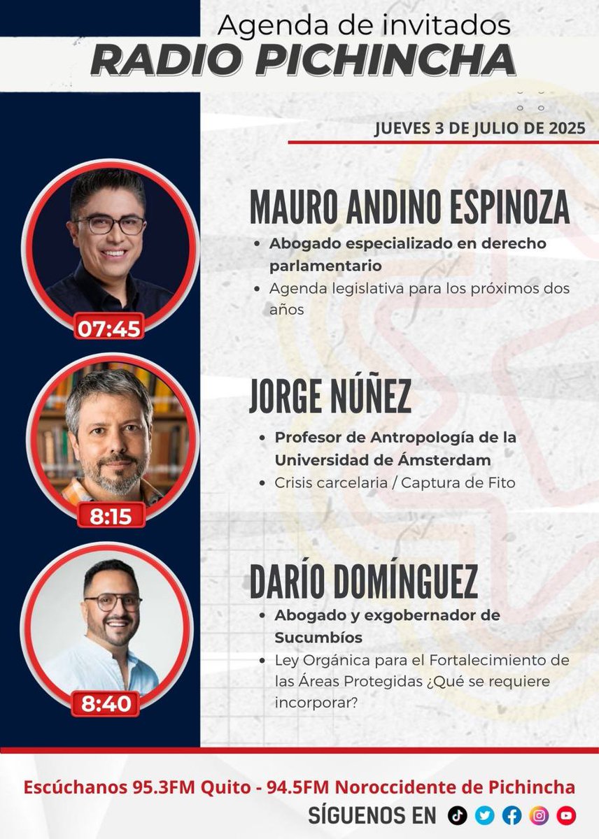 📌 #Agéndalo || Este jueves 03 de julio sigue las entrevistas de 🎙#PuntoNoticias primera emisión:
🗣 07h45: <a href="/mauroandinoe/">Mauro Andino Espinoza</a>
🗣 08h15: <a href="/trading_affects/">Jorge Núñez</a>
🗣 08h40: <a href="/DarioDominguezE/">Dario Dominguez</a>
Por la 📻 95.3FM - 94.5 FM al noroccidente de Pichincha y 📲💻 transmisión en vivo por redes sociales.