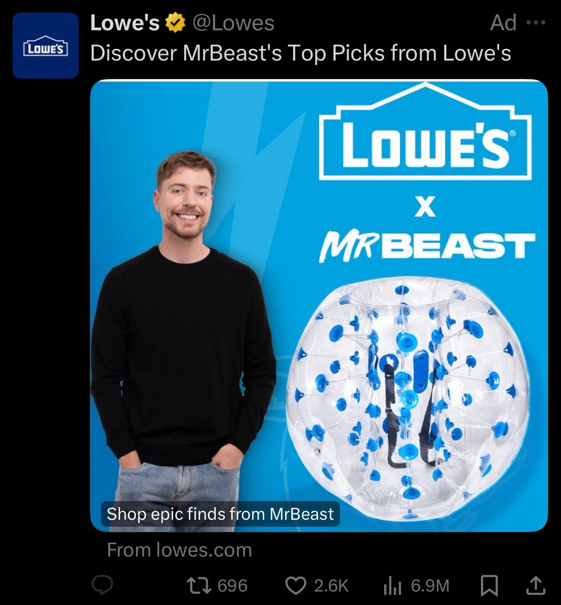 Roach_Collector's tweet image. Lowe's just linked up with Mr. Beast, which makes sense as he is the world's biggest tool.
#RoastBeast