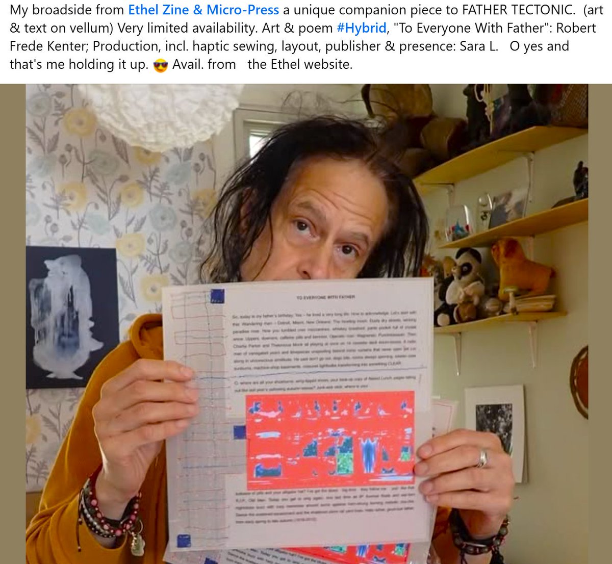 My broadside from <a href="/the_ethelzine/">Ethel, a Micro Press</a>  a unique companion piece to FATHER TECTONIC: (Art &amp; text on vellum.) Very limited availability. #art &amp; #poem #hybrid, "To Everyone With Father" by Robert Frede Kenter. Production, incl. haptic sewing, layout, publisher &amp; presence: Sara Lefsyk 😎