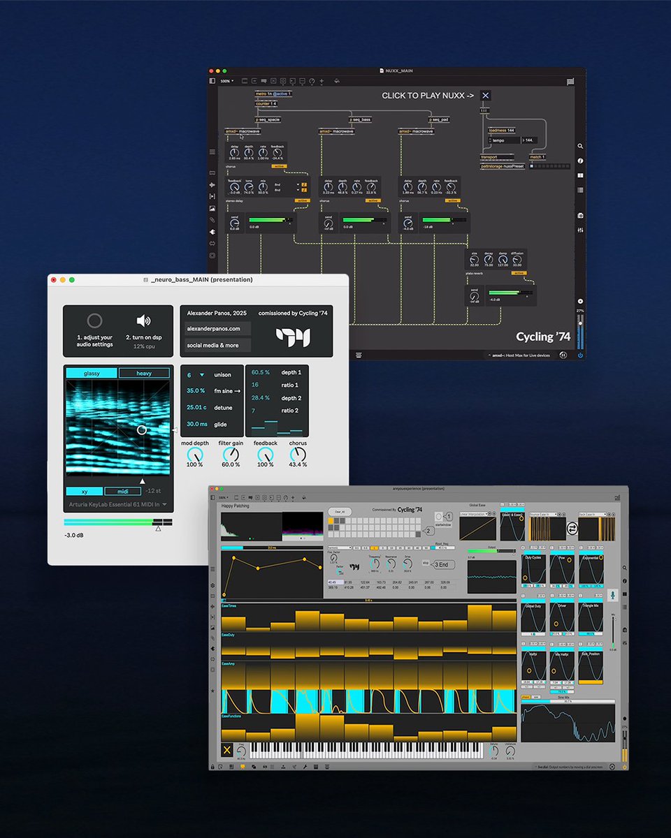🎧 What sounds stick with you? What do you chase when you patch? 🔊🤔 We asked Alexander Panos, Xinisnot, and Sebairstein to recreate sounds they love, then see where it takes them 💭 
🔗 Read + download their patches: cycling74.com/articles/sound…
#MaxMSP #MaxForLive #Cycling74 #sound