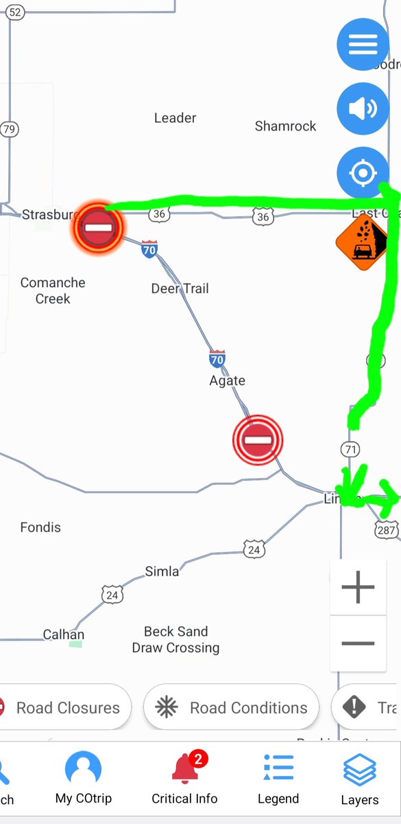I70 EB at MP 348 (Cedat Point) is closed for a major crash. Long delays expected.  Detour at Byers: H36 East to Last Chance, H71. H71 South to Limon and get back on I70 EB in Limon.