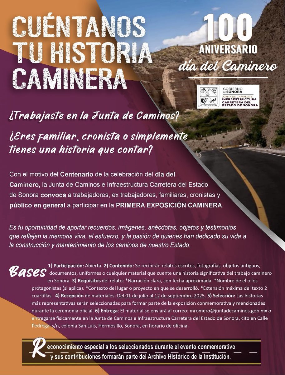🛤️ ¡Cuéntanos tu historia caminera! Participa en la Primera Exposición Caminera.
¿Trabajaste en la Junta de Caminos? ¿Eres familiar, cronista o simplemente tienes una historia que contar?
¡Esta es tu oportunidad de compartir recuerdos, imágenes, objetos o testimonios!
