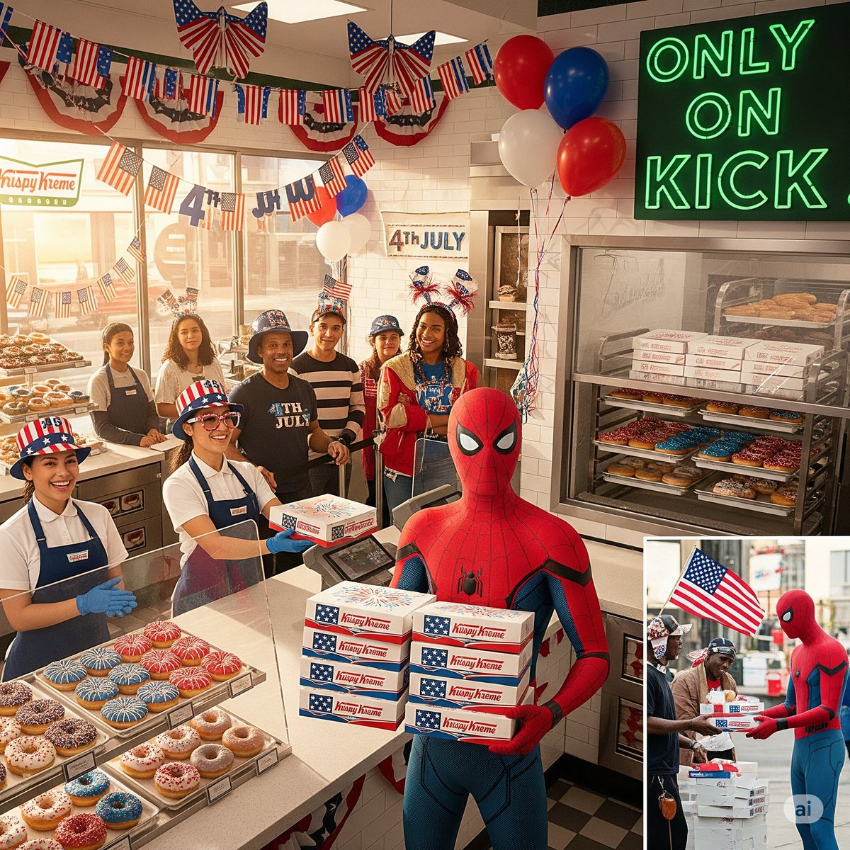 SpideyLAFriend's tweet photo. Catch Spidey this Friday at 10:30 AM! 🕷️🇺🇸 He's swinging by Krispy Kreme to pick up 4th of July themed donuts for the unhoused. Don't miss this offseason Spidey delivering kindness! @StakeEddie @PaulieKick @Svntvmvriv @KickCommunity @kick #spiderman #4thofJuly #USA https://t.co/b7Bu1jQC0n