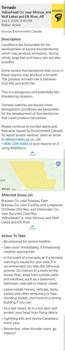 Shared: Tornado Alert - Yellowhead Co. near Minnow and Wolf Lakes and Elk River, AB alberta.ca/emergencyalert