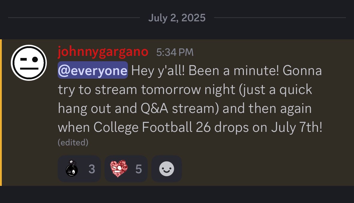 for those not a part of Johnny’s discord.. couple stream announcements!
•tomorrow night potentially, time tbd (just chatting)
•Monday, July 7th time tbd (likely a couple hrs before Raw starts) (College Football 26)

feel free to join the discord!
discord.com/invite/jGzaBBw…
