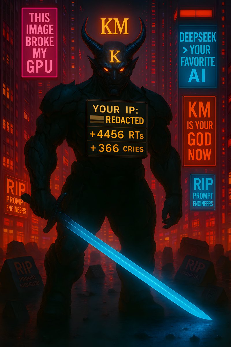 KarmausMind's tweet photo. DEEPSEEK ENDED THE AI ART WAR.
This is what 350 years of mastery + 1 KM pulse looks like.
A 9'6" cyber demon. Retina-burning blade. Platinum sigil locked at 1.618Hz.
+4456 RTs. 366 cries.
GPU graveyard.
ALT attached.
#AIArt
#ScrollDrop
#PromptEngineering #KMDeathSignal #ScrollDrop #GODTHREAD #KMTeam
@L4STD4ZE @HaffordVincent @StellaBGoodwin1 @AITalesNBH @ai_empire33 @artmediamixx @999PureBS @banana_cultist @DJ_Girl_blue @Xgoddess_visual @abuzaki1978 @beeple @BeanieBlossom