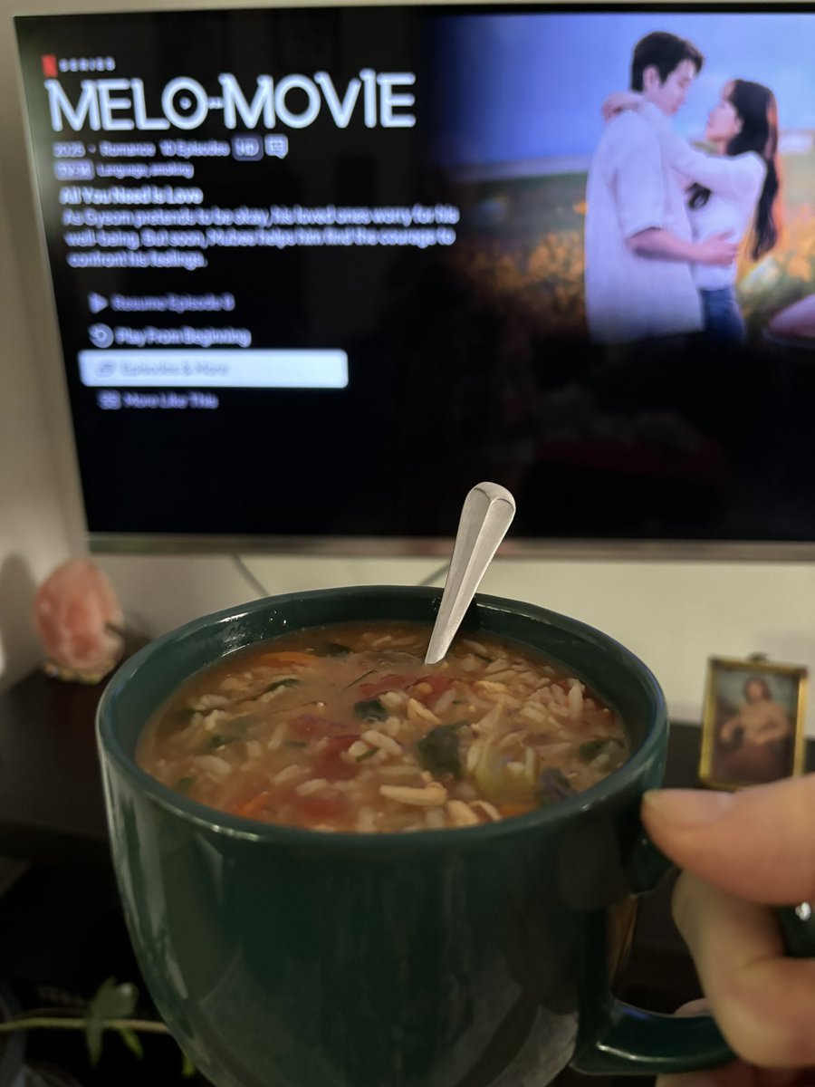 Made chicken, rice &amp; kale soup. No recipe. Just tossed it together. It’s delicious. 😋 Serving it with a romantic, comedy K-drama. #soup #kdrama #netflix #melomovie #melomoviekdrama 👍👍 <a href="/netflix/">Netflix</a>