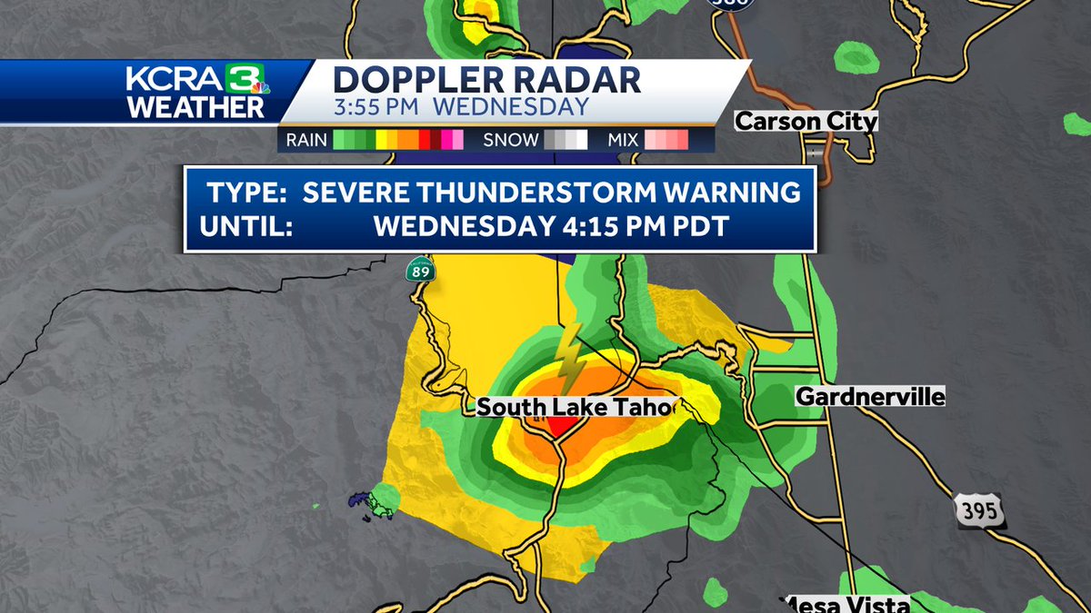 SEVERE THUNDERSTORM WARNING until 4:15 for South Lake Tahoe. 

Quarter-sized hail and 60 mph wind gusts possible with this cell. 

Stay indoors until 30 minutes after thunder ends!